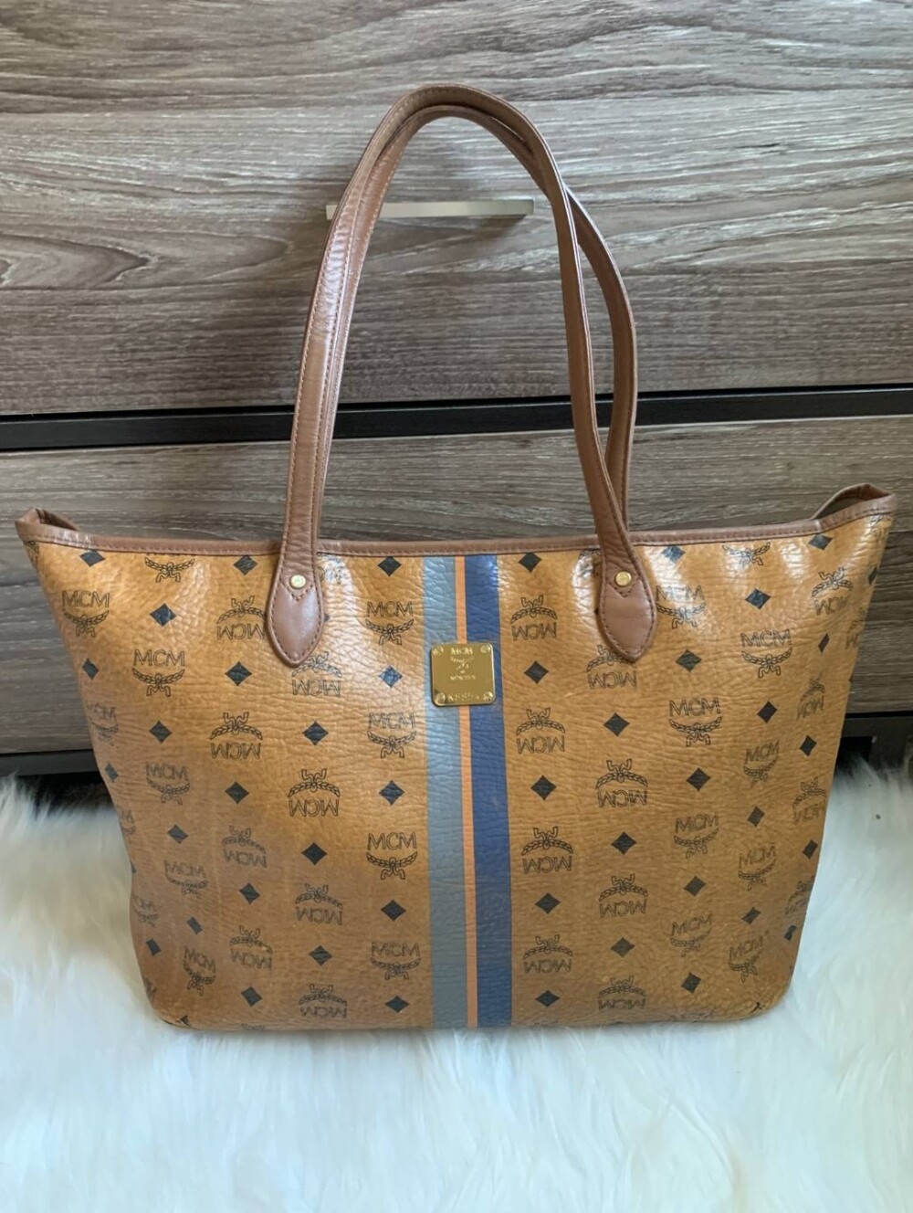 MCM Tan Striped Visetos Coated Canvas and Leather Shopper Tote